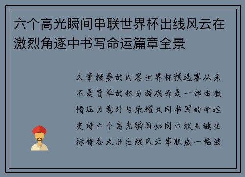 六个高光瞬间串联世界杯出线风云在激烈角逐中书写命运篇章全景